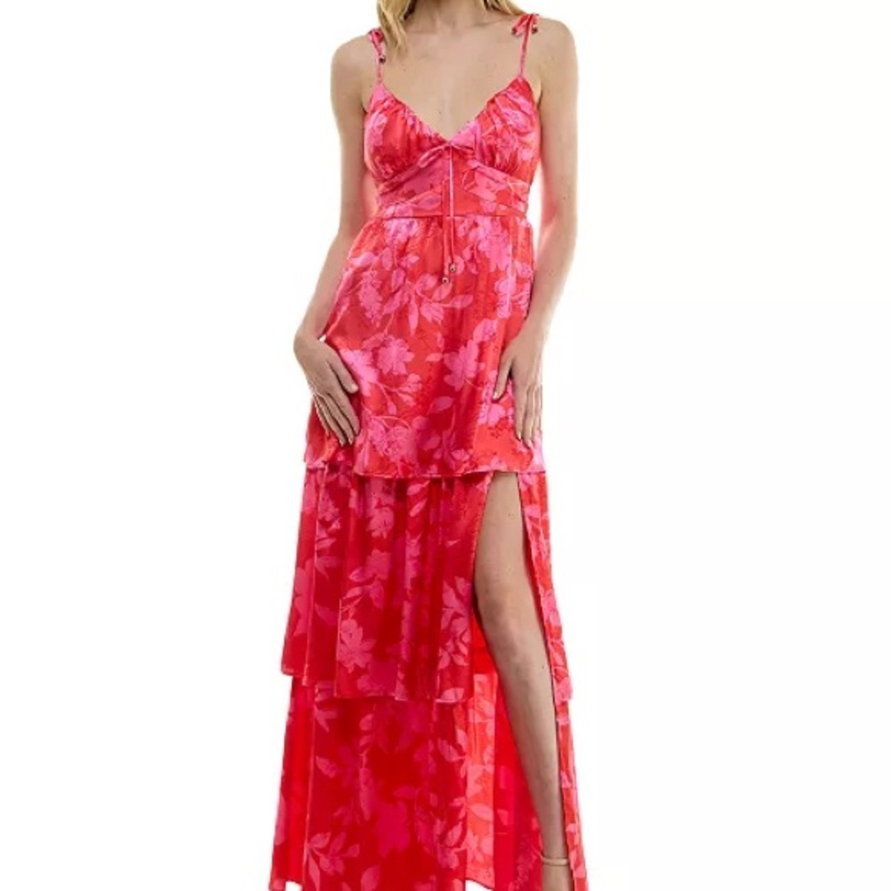 CRYSTAL DOLL M Floral Tie-Strap Tiered Maxi Dress Pink Red Prom party